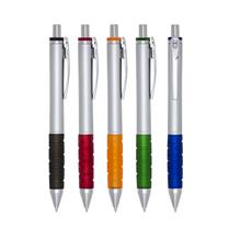 Caneta Plástica Inteira Prata com Detalhes Emborrachados Coloridos em Relevo